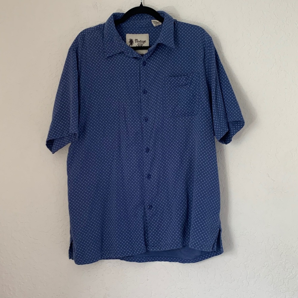 Vintage Silk Shirt Men XXL Blue Micro Print Short‎ Sleeve Button Down Vacation